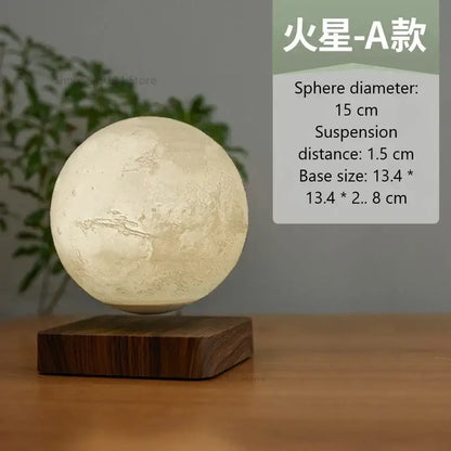 Realistic levitating moon lamp with pale beige textured sphere and magnetic suspension over dark wood base night light decorbites levitating moon