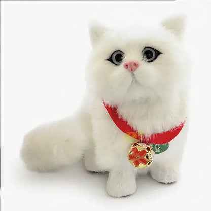 White plush cat dog plush with red collar and gold bell pendant for realistic home decor by decorbites cat dog