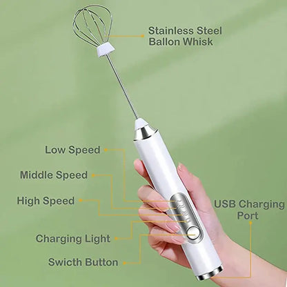 White handheld electric milk frother mixer with stainless steel balloon whisk and silver accents for kitchen use