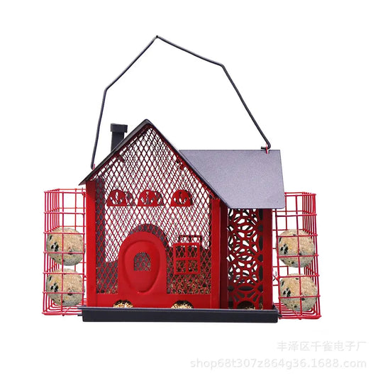 Red and black decorbites hanging metal bird feeder with mesh sides and side cages holding suet balls for garden use