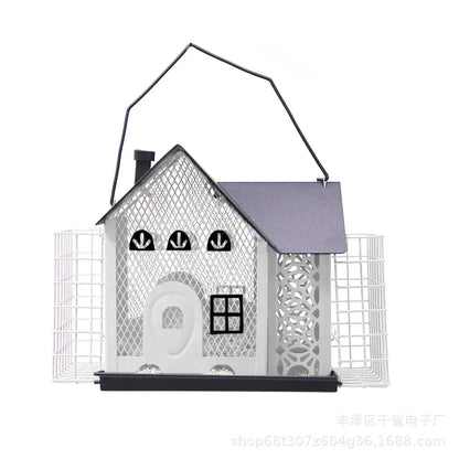 White metal bird feeder shaped like a house with black accents and side wire cages by decorbites hanging metal bird feeder