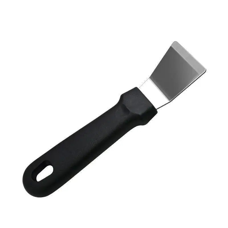 Black plastic-handled putty knife with shiny metallic blade used as decorbites ice remover tool kitchen shovel
