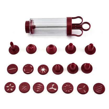 Maroon silicone pastry piping bag with clear barrel and 18 tips in red and clear cookie cream cake press kit decorbites cookie cream