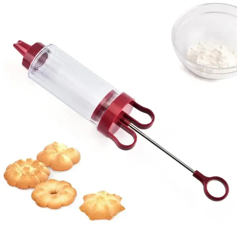 Red and clear plastic decorbites cookie cream cake press with metal plunger handle for cream cake decorating