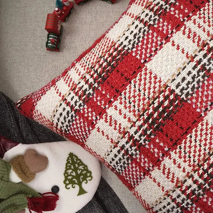 Red and cream decorbites buffalo plaid cushion cover with textured chunky knit for living room throw pillow decor