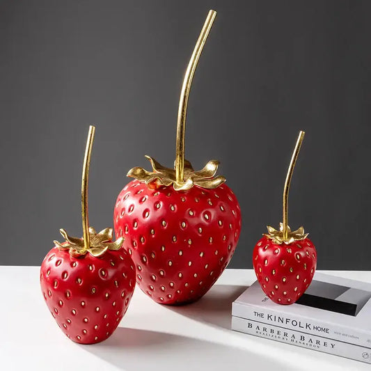 Red and gold strawberry figurine with leaf and stem accents for elegant living room home decor by decorbites gold strawberry