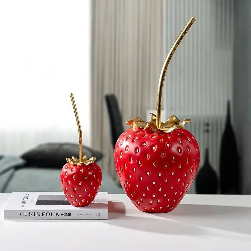 Red and gold strawberry figurine vase with gold leaf accents and golden stem for elegant home decor and decorbites gold strawberry collection