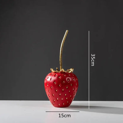 Red and gold strawberry figurine with gold leaf detailing and golden stem for home decor by decorbites gold strawberry