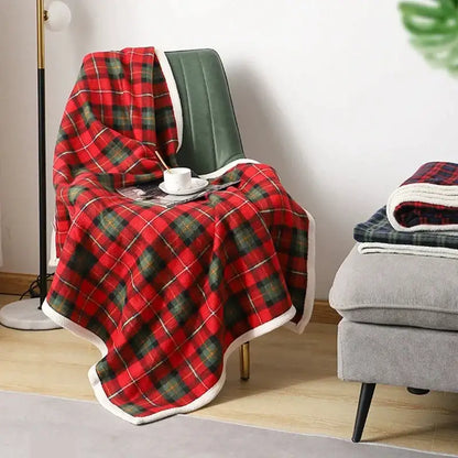 Red and green plaid bedroom throw with white fleece lining made of decorbites cozy coral coral fleece material