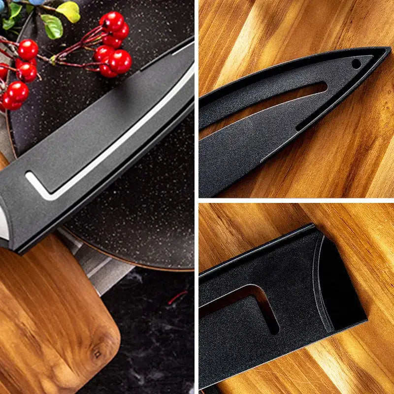 Black matte-finish knife blade protector cover with sleek modern design and silver accent line for kitchen use