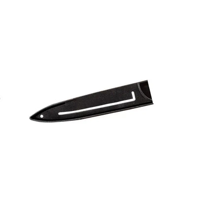 Black plastic knife blade protector with sleek elongated design and white cutout near handle for kitchen use cover