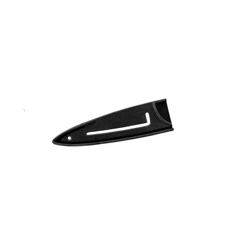 Black plastic knife blade protector cover with white accent stripe and small hole for kitchen guard use