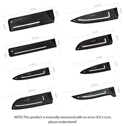 Set of black plastic knife blade protector covers with molded handles and cutouts for blade placement kitchen guard