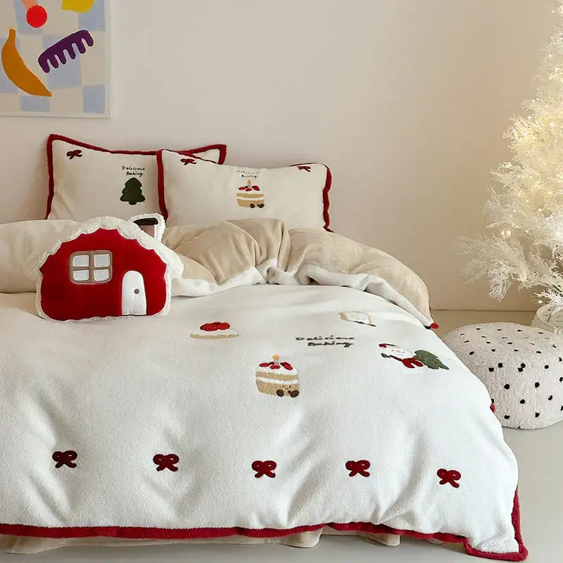 White plush bedding set with red trim and cartoon embroidered festive designs by decorbites cartoon embroidered