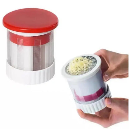 Red and white manual citrus juicer with clear plastic body and ridged base ideal for spreadable butter straight use