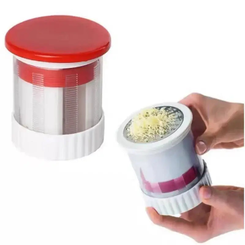 Red and white manual citrus juicer with clear plastic body and ridged base ideal for spreadable butter straight use