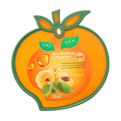 Durable orange peach-shaped cutting board with green leafy top and printed fruit design for kitchen use