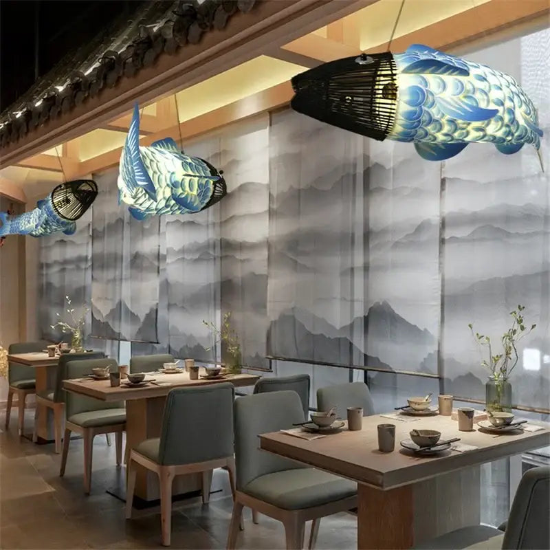 Blue and white bamboo fish pendant light with intricate scale patterns for living room decorbites bamboo fish chandelier