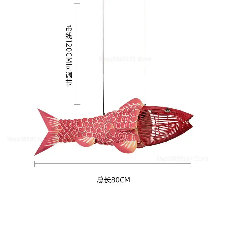 Red bamboo fish pendant light with woven cage design and scalloped scales for living room decorbites bamboo fish pendant