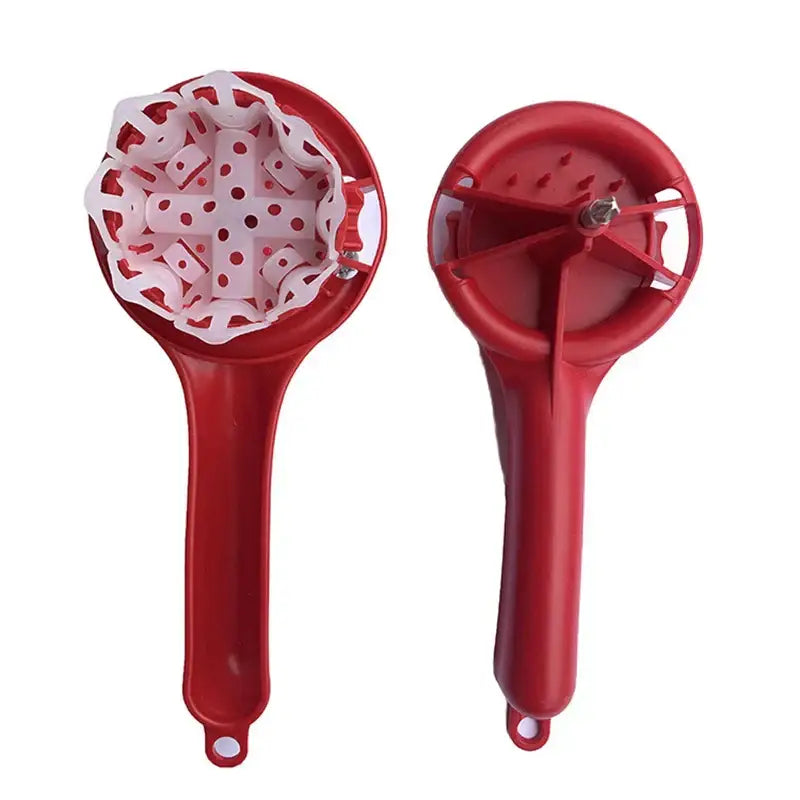 Red plastic citrus juicer with white perforated interior and central screw mechanism used as coffee machine brush cleaning tool