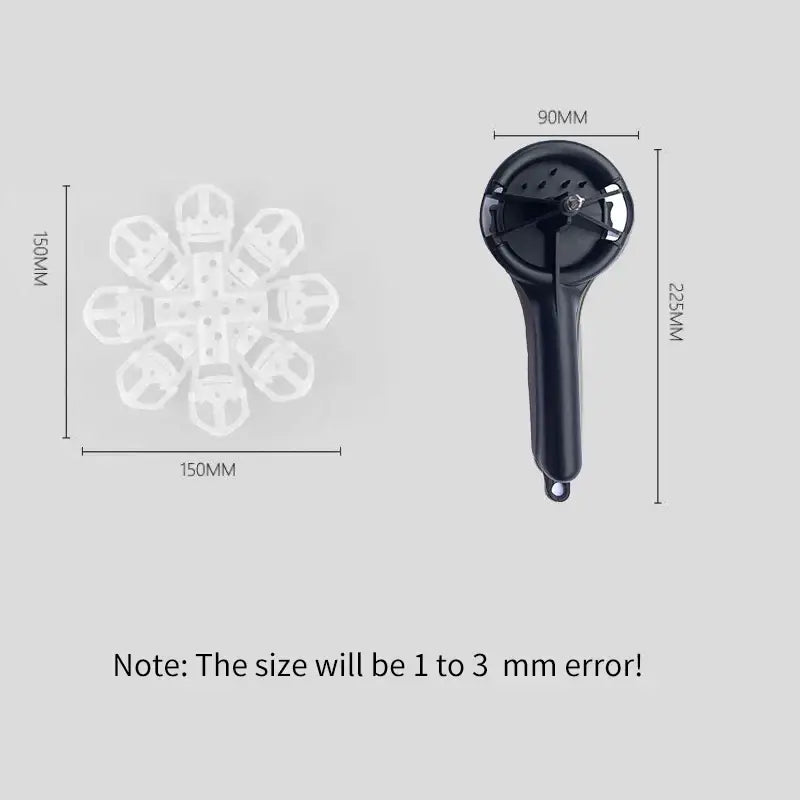 Black plastic pasta strainer with handle shown with white counterpart in exploded view for espresso coffee machine brush cleaning tool