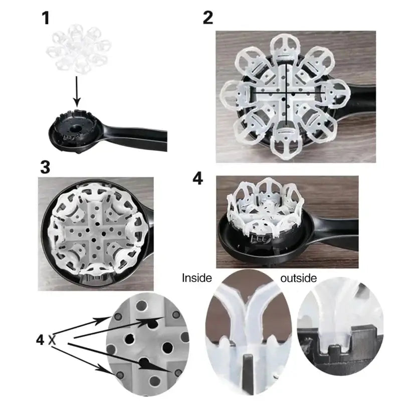 White plastic flower-shaped hair curler with black handle and four adjustable clamps as a coffee machine brush cleaning tool