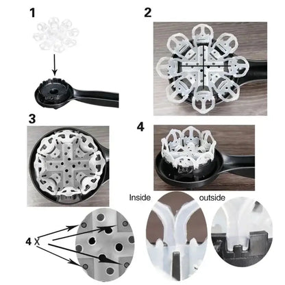 White plastic flower-shaped hair curler with black handle and four adjustable clamps as a coffee machine brush cleaning tool