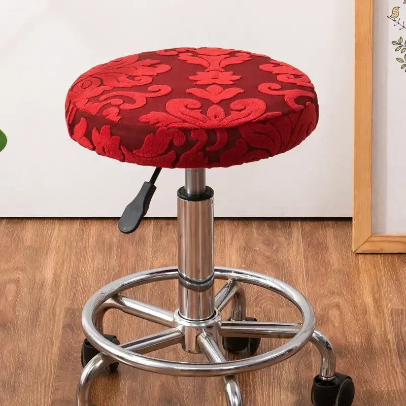 Red embroidered floral jacquard elastic bar chair cover by decorbites for kitchen seat decor and protection