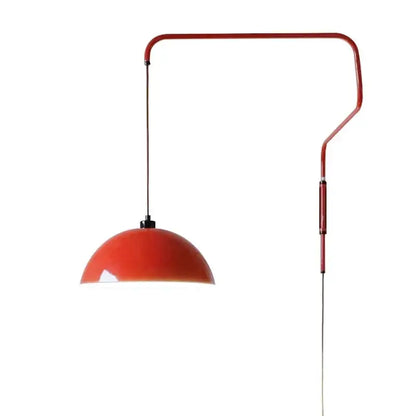 Vibrant red enamel dome adjustable pendant light with sleek curved metal arm for kitchen island lighting
