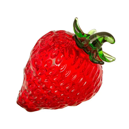 Vibrant red glass strawberry figurine with detailed green leafy stem crystal fruit ornament for kitchen decor