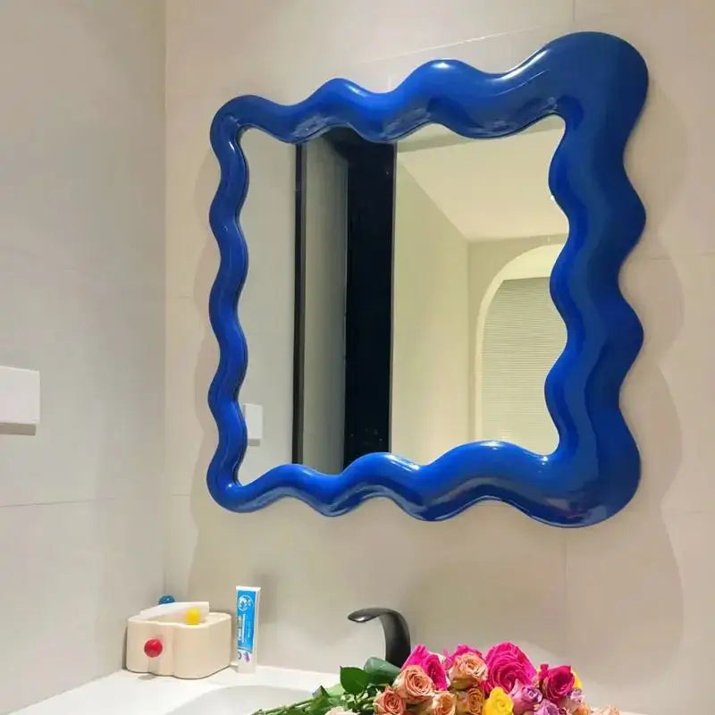 Vibrant cobalt blue cream cloud wave mirror with wavy edges and glossy finish for bedroom decorbites cream cloud decor