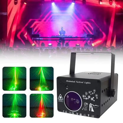 Black rectangular laser projection light with handle, white engraved text, and snowflake patterns for living room decorbites 3d animation