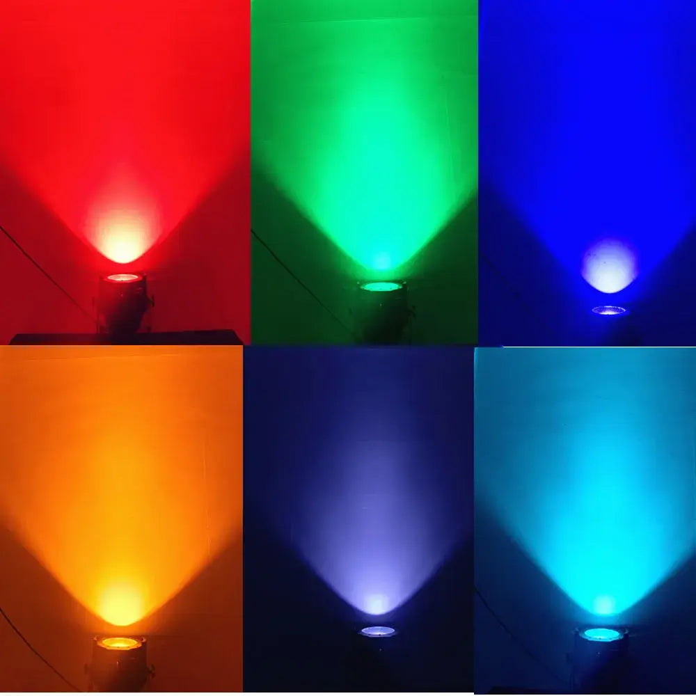 A compact matte black led par cob stage light with adjustable rgbopc colors and black barn doors for living room use