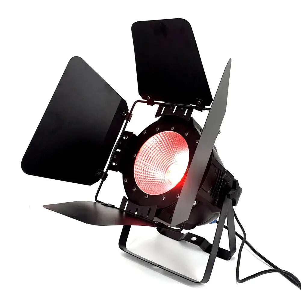Black metal led par cob stage light with four adjustable barn doors and glowing red light for living room use