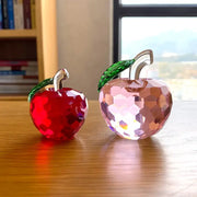 Two decorbites 3d crystal yellow apple figurines in red and pink with green leaf stems for office desktop decor