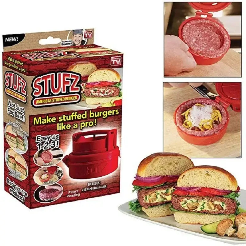 Red plastic hamburger meat presser with ridged textured plates for use as a filling maker and burger maker