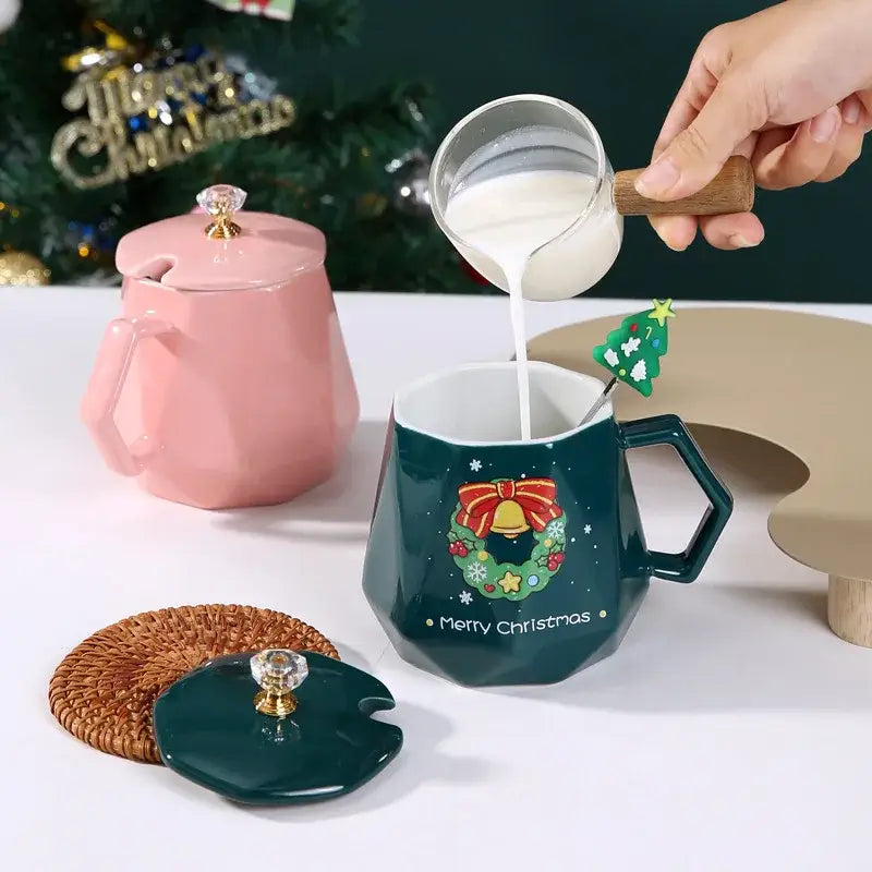 Dark green geometric christmas ceramic mug with festive wreath merry christmas text and matching lid in mug set