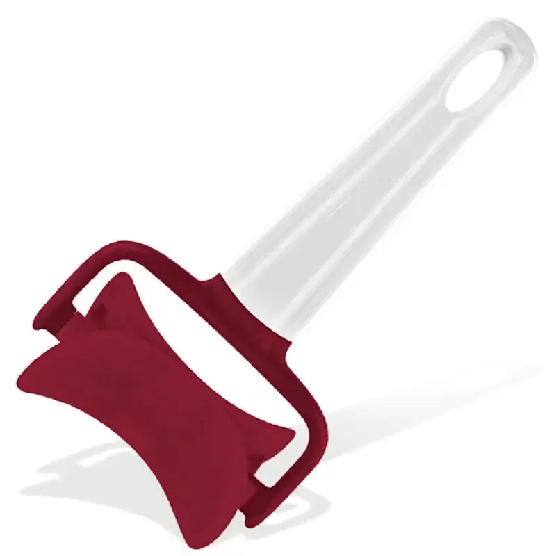 Red silicone dough press cutter with clear plastic handle designed as a kitchen dough press and dumpling mold tool