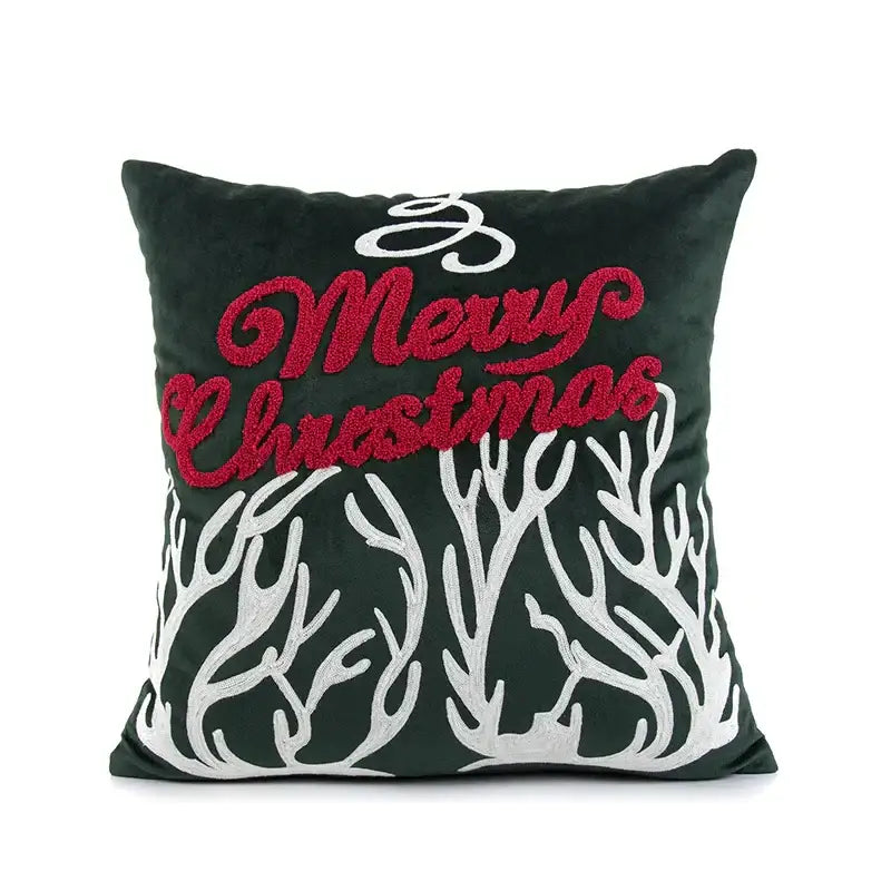 Dark green velvet pillow cover with red and white merry christmas embroidered text and white antler decorbites embroidery