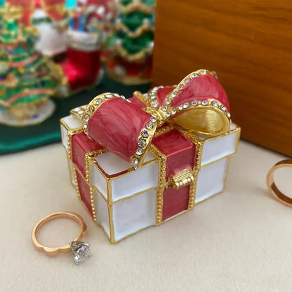 Red and white jewelry trinket box with gold-trimmed bow and clear rhinestones for bedroom gift storage
