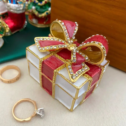 Red and white jewelry trinket box with a decorative gold-trimmed bow featuring sparkling rhinestones for bedroom gifts