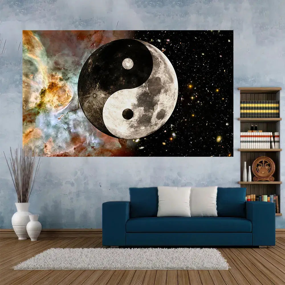 Red and white cosmic yin yang mandala tapestry featuring a black and white moon on a starry space background displayed on textured wall
