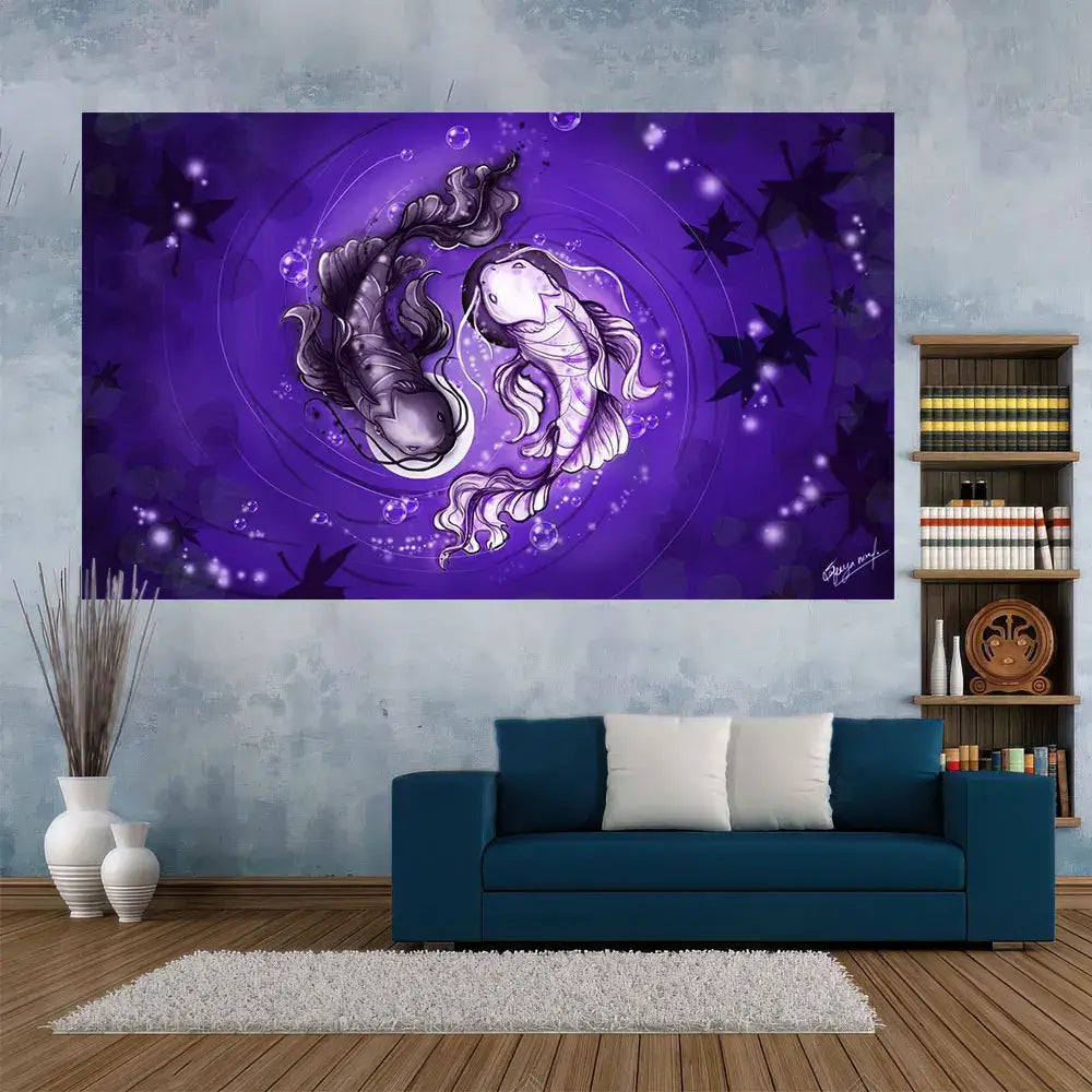 Vibrant purple cosmic yin yang tapestry featuring red and white koi fish in a swirling yin yang mandala design
