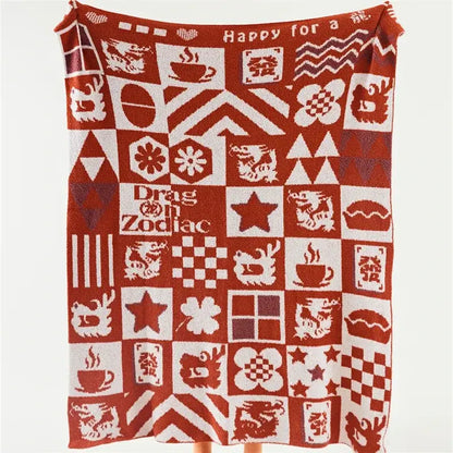 Red and white decorbites knitted blanket featuring dragon zodiac patterns and geometric designs for bedroom decorbites knitted blanket throws