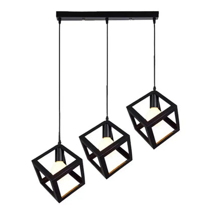 Black metal cube pendant light fixture with three geometric shades for decorbites elegant square chandelier kitchen use