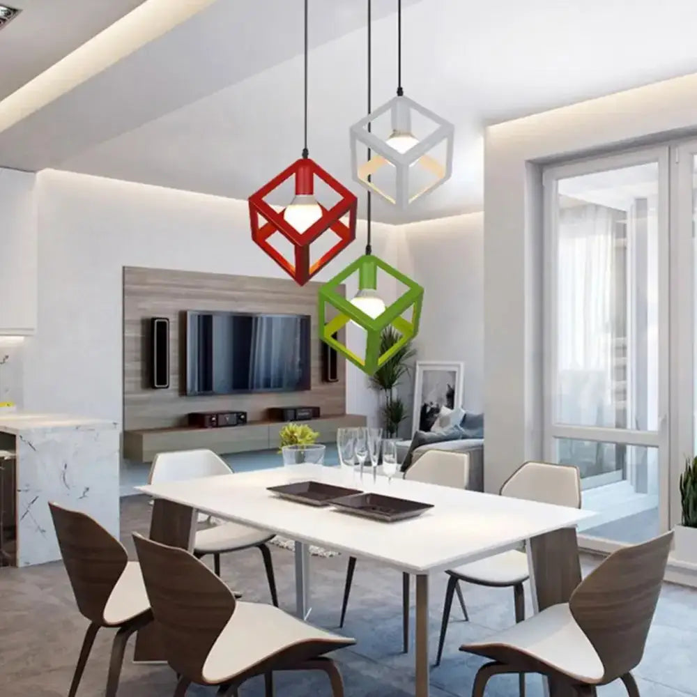 Three geometric cube pendant lights in red white and green metal open-frame design from decorbites elegant square chandelier