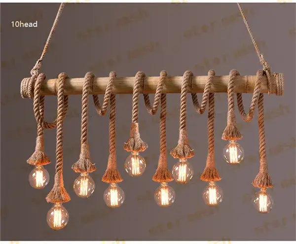Rustic wooden beam chandelier with ten edison bulbs hanging by decorbites bamboo hemp rope pendant lights for dining room