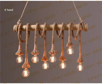Rustic wooden beam chandelier with eight edison bulbs hanging by natural bamboo hemp rope pendant lights decorbites