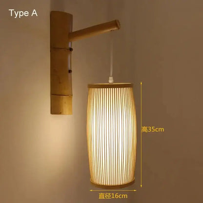 Natural bamboo wall lights with a cylindrical ribbed shade and wooden arm for bedroom hand woven rattan decor