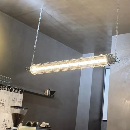 Retro bar industrial metal cage chandelier featuring a fluorescent tube encased in concentric metal rings by decorbites industrial